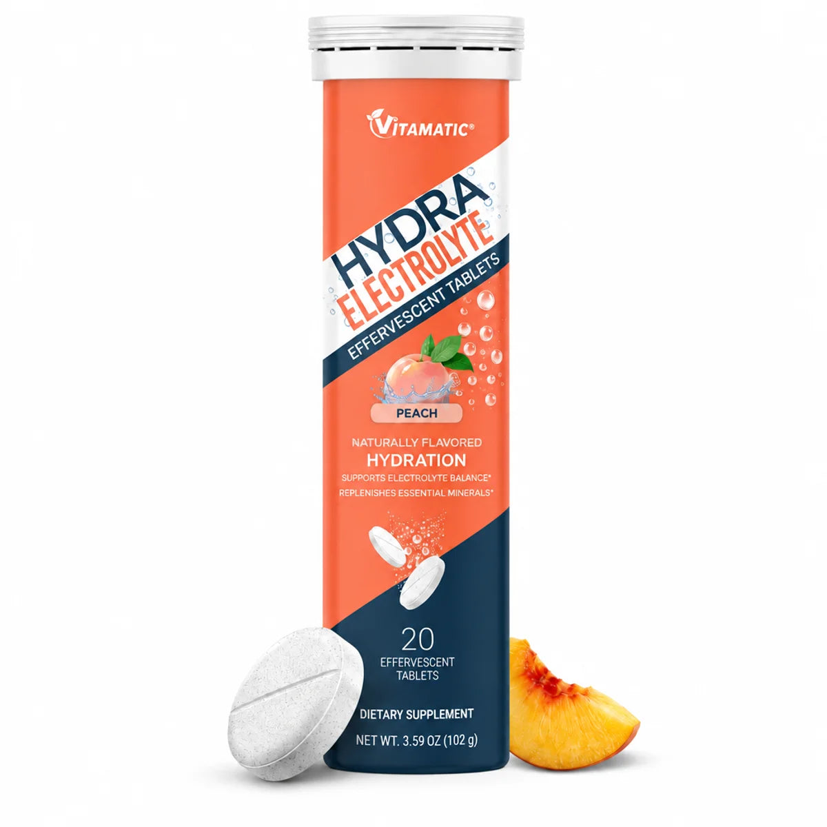 Pastilles électrolyte effervescent Pêche Hydrafresh 20 comprimés tube blanc et orange