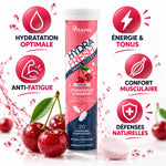 Electrolyte Hydrafresh Cerise 20 pastilles avec icônes bénéfices hydratation énergie anti-fatigue