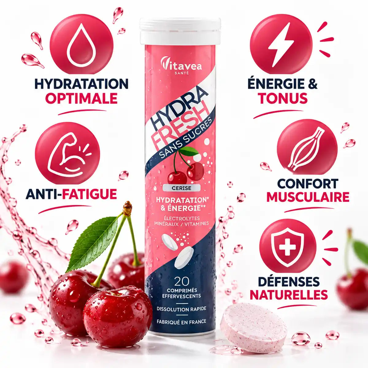 Electrolyte Hydrafresh Cerise 20 pastilles avec icônes bénéfices hydratation énergie anti-fatigue