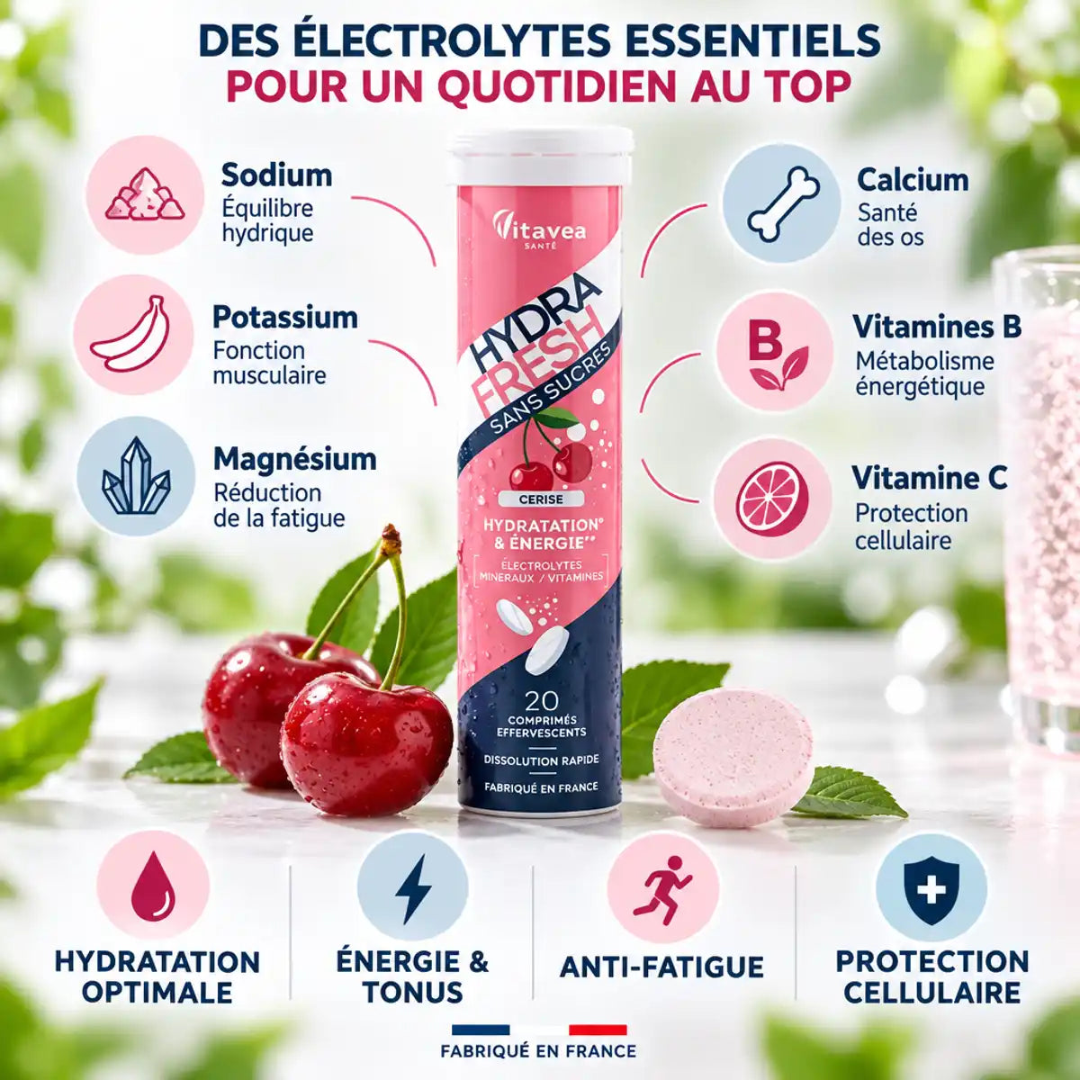 Electrolyte Hydrafresh Cerise pastilles avec composition d'ingrédients actifs: sodium, potassium, magnésium, vitamines B et C