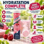 Electrolyte Hydrafresh Cerise 20 pastilles - bouteille et verre de boisson rose avec bulles