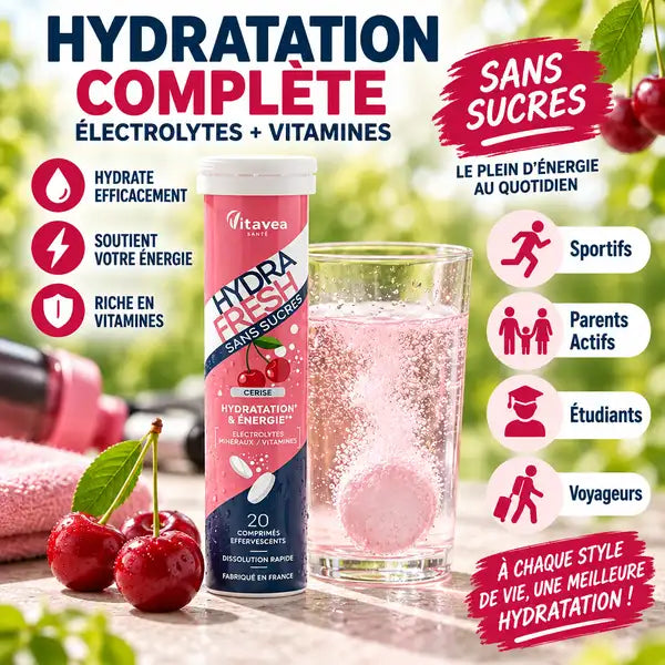 Electrolyte Hydrafresh Cerise 20 pastilles - bouteille et verre de boisson rose avec bulles
