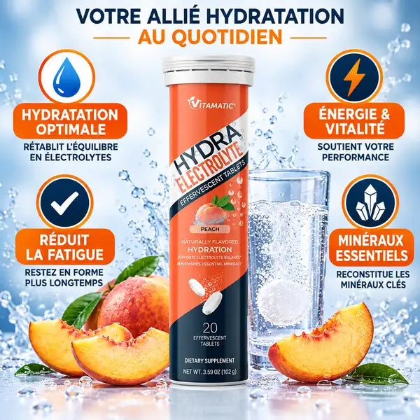 Hydrafresh Pêche pastilles effervescentes électrolytes avec bénéfices hydratation et énergie