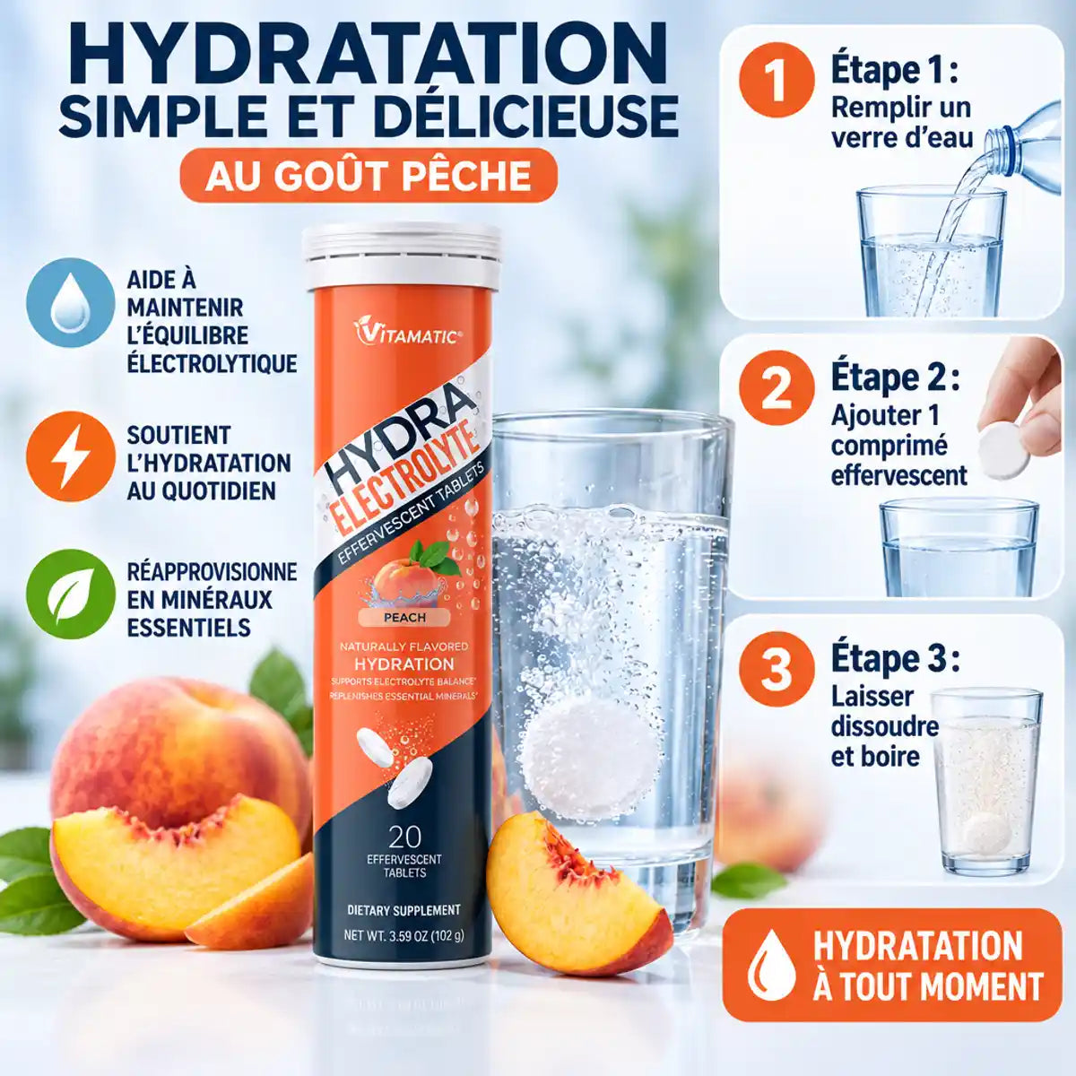 Hydrafresh Pêche pastilles effervescentes électrolyte - Mode d'emploi en 3 étapes avec verre d'eau