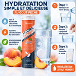 Hydrafresh Pêche pastilles effervescentes électrolyte - Mode d'emploi en 3 étapes avec verre d'eau