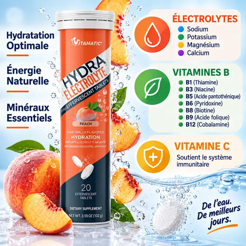 Hydrafresh Pêche pastilles effervescentes électrolytes vitamines B et C hydratation optimale