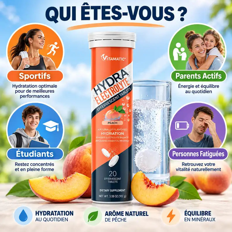 Hydrafresh Pêche pastilles effervescentes électrolytes avec verre d'eau et personas cibles sportifs