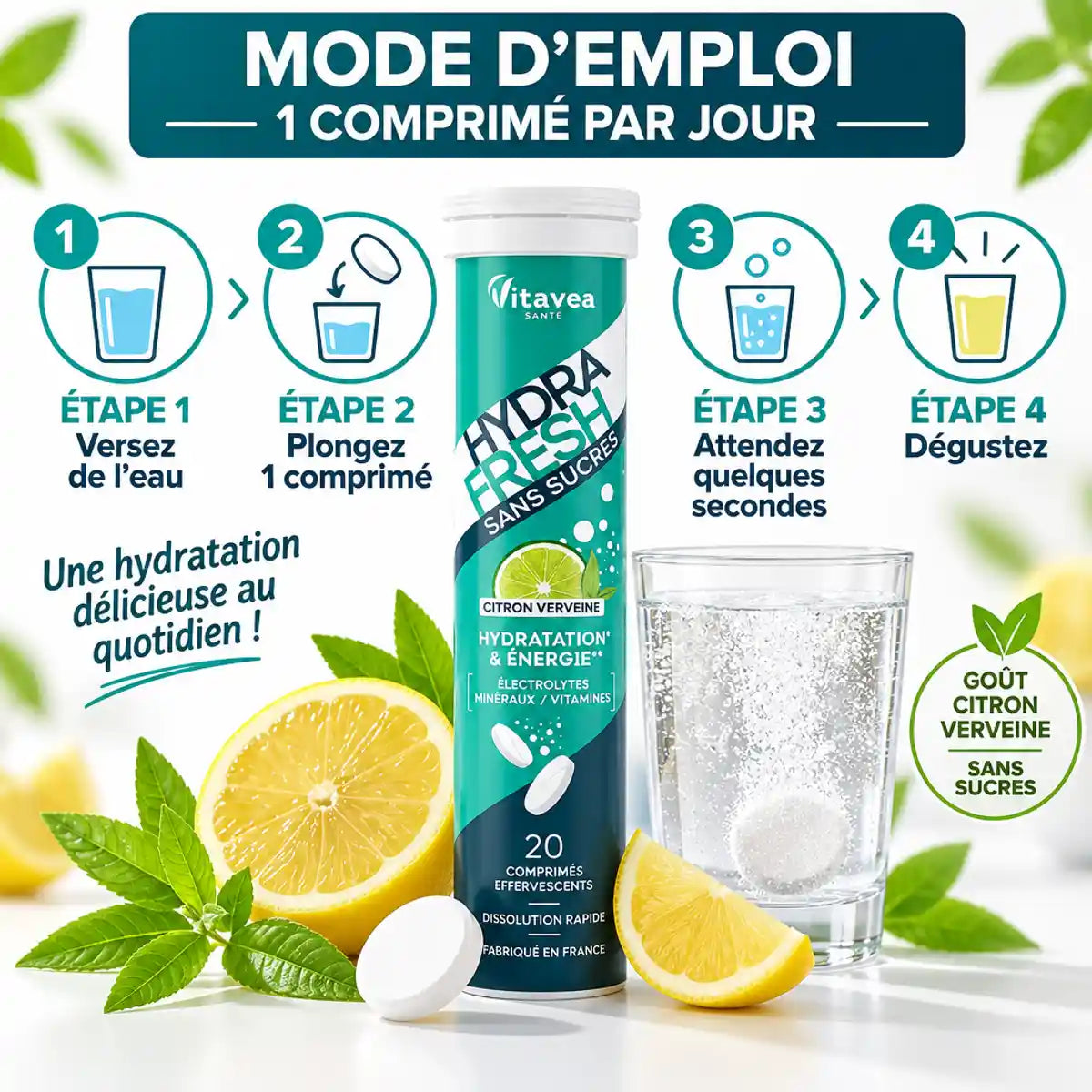 Hydrafresh Citron Verveine pastilles effervescentes avec mode d'emploi et ingrédients naturels en image produit