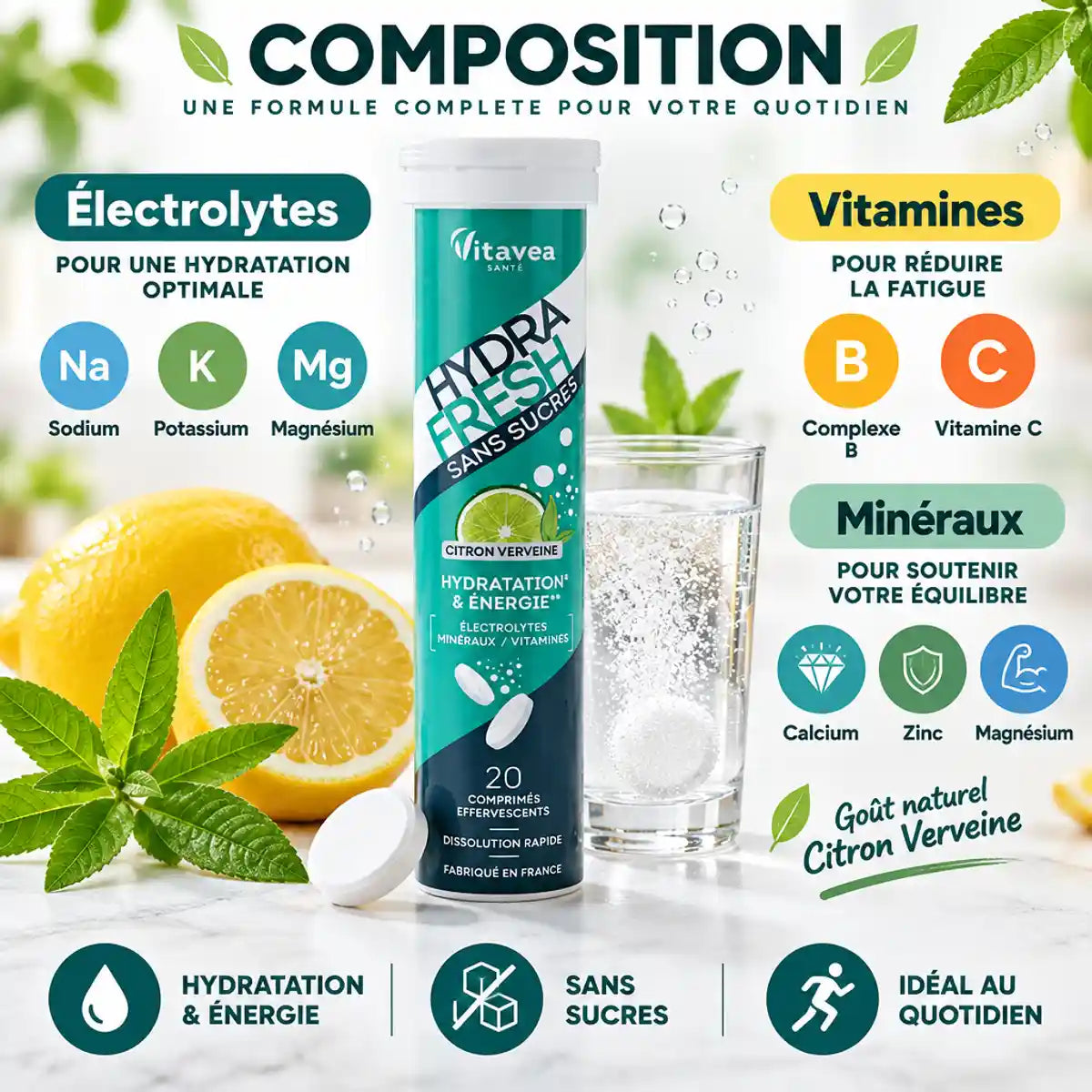 Pastilles Hydrafresh Citron Verveine électrolytes et vitamines pour hydratation, avec ingrédients et verre d'eau