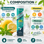 Pastilles Hydrafresh Citron Verveine électrolytes et vitamines pour hydratation, avec ingrédients et verre d'eau
