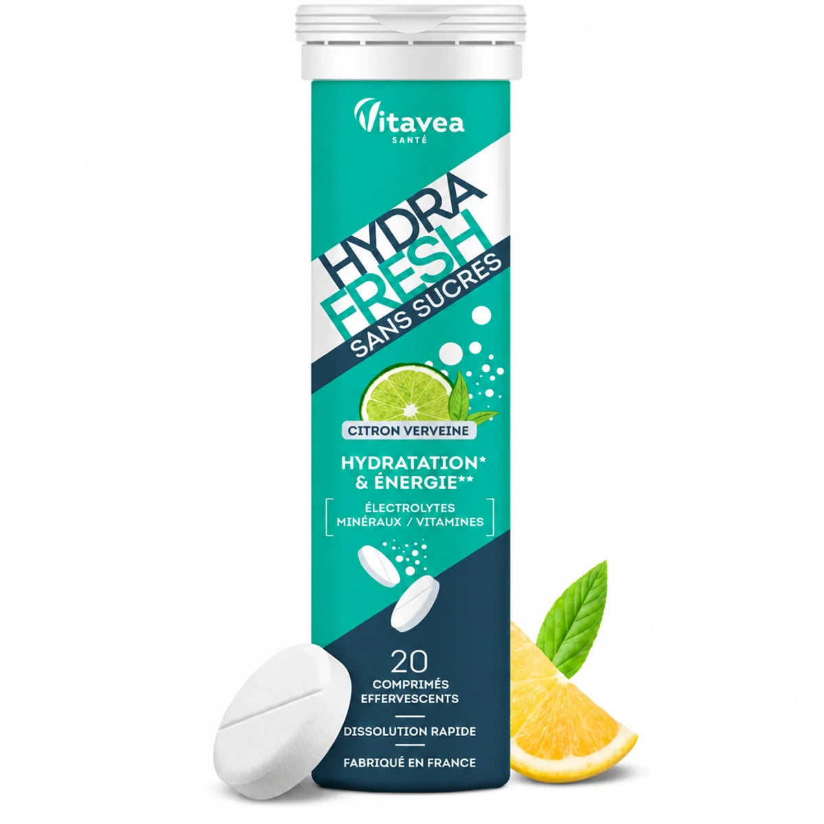 Electrolytes Hydrafresh Citron Verveine 20 pastilles effervescentes avec tranche de citron frais