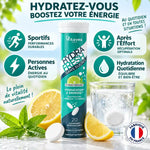 Pastilles Hydrafresh Citron Verveine - tube turquoise avec verre d'eau pétillante et étiquettes pour sportifs et hydratation quotidienne