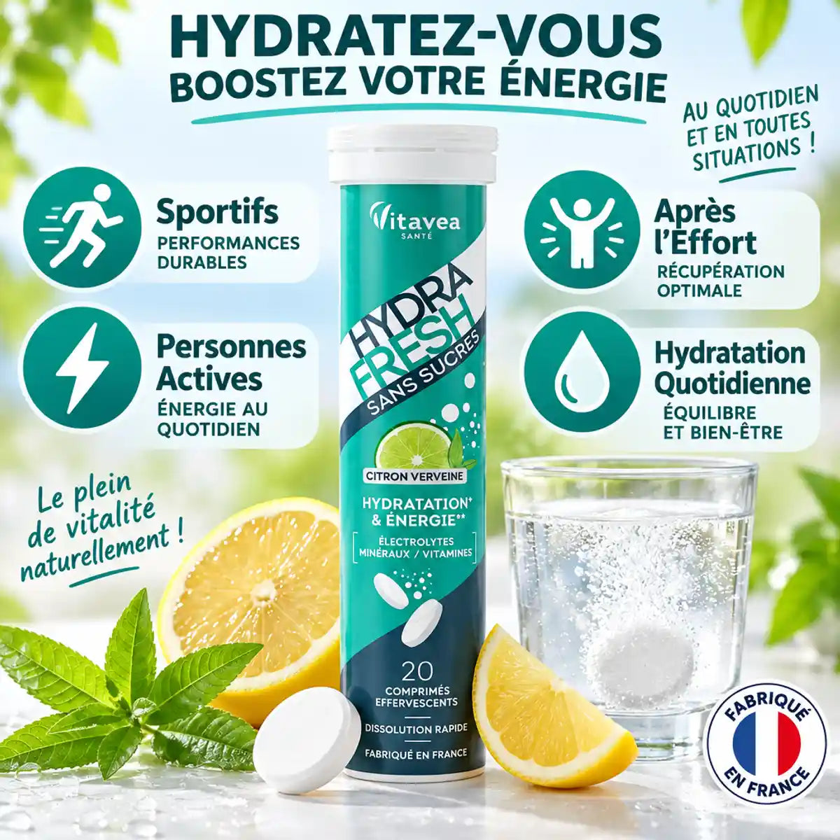 Pastilles Hydrafresh Citron Verveine - tube turquoise avec verre d'eau pétillante et étiquettes pour sportifs et hydratation quotidienne