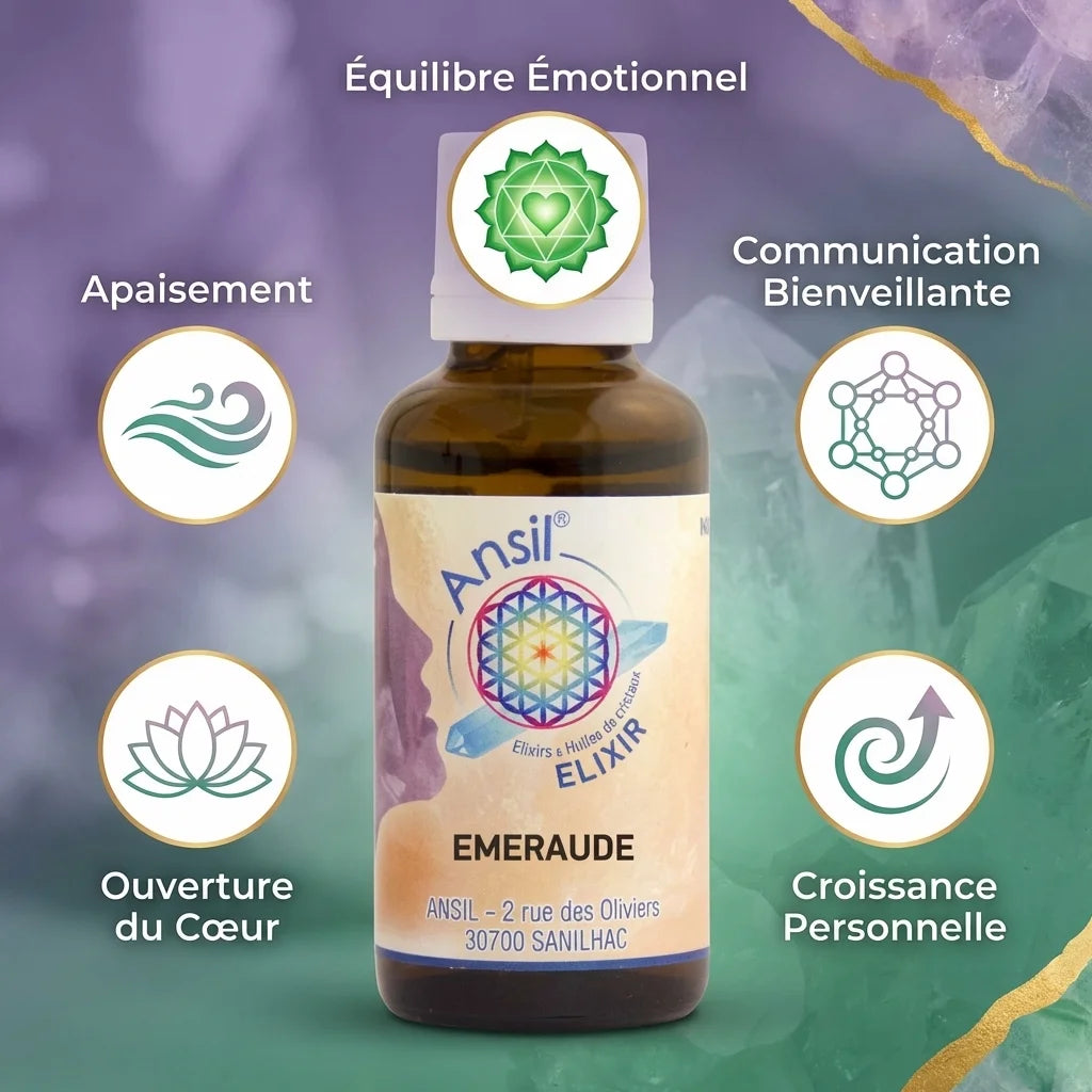 Elixir de cristaux d'Emeraude 30ml Ansil avec bénéfices wellness équilibre émotionnel et croissance personnelle