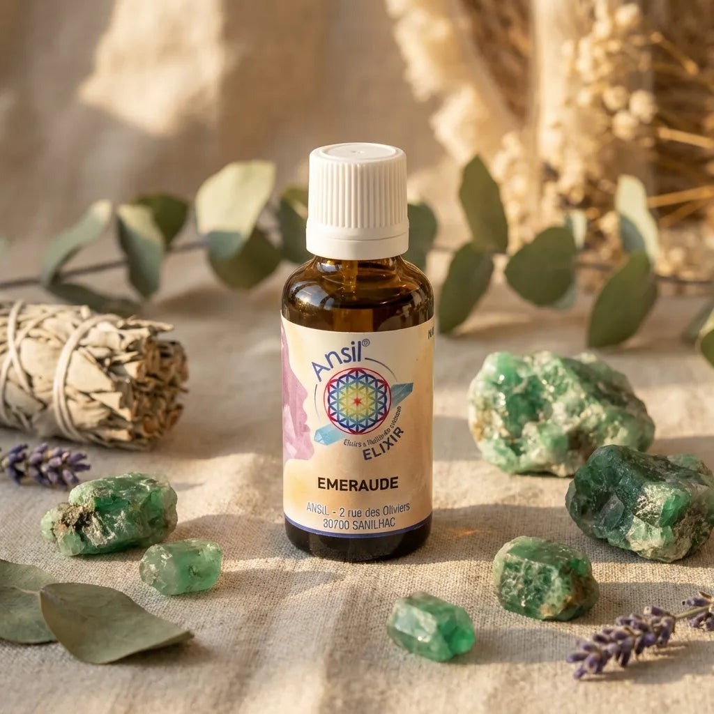 Elixir de cristaux d'Emeraude Ansil 30ml en flacon ambré avec cristaux et éléments botaniques