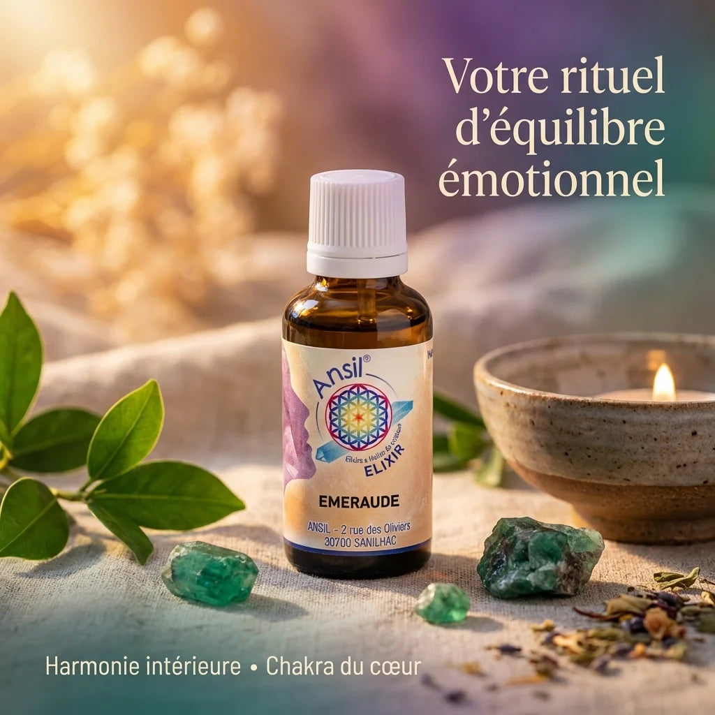 Elixir de cristaux d'Emeraude Ansil 30ml avec cristaux et éléments de bien-être sur fond chaleureux