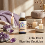 Élixir de Labradorite Ansil 30ml en bouteille ambre avec cristaux et bougies dans un décor bien-être