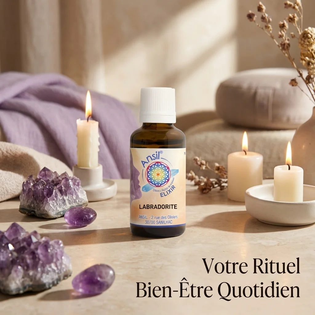 Élixir de Labradorite Ansil 30ml en bouteille ambre avec cristaux et bougies dans un décor bien-être