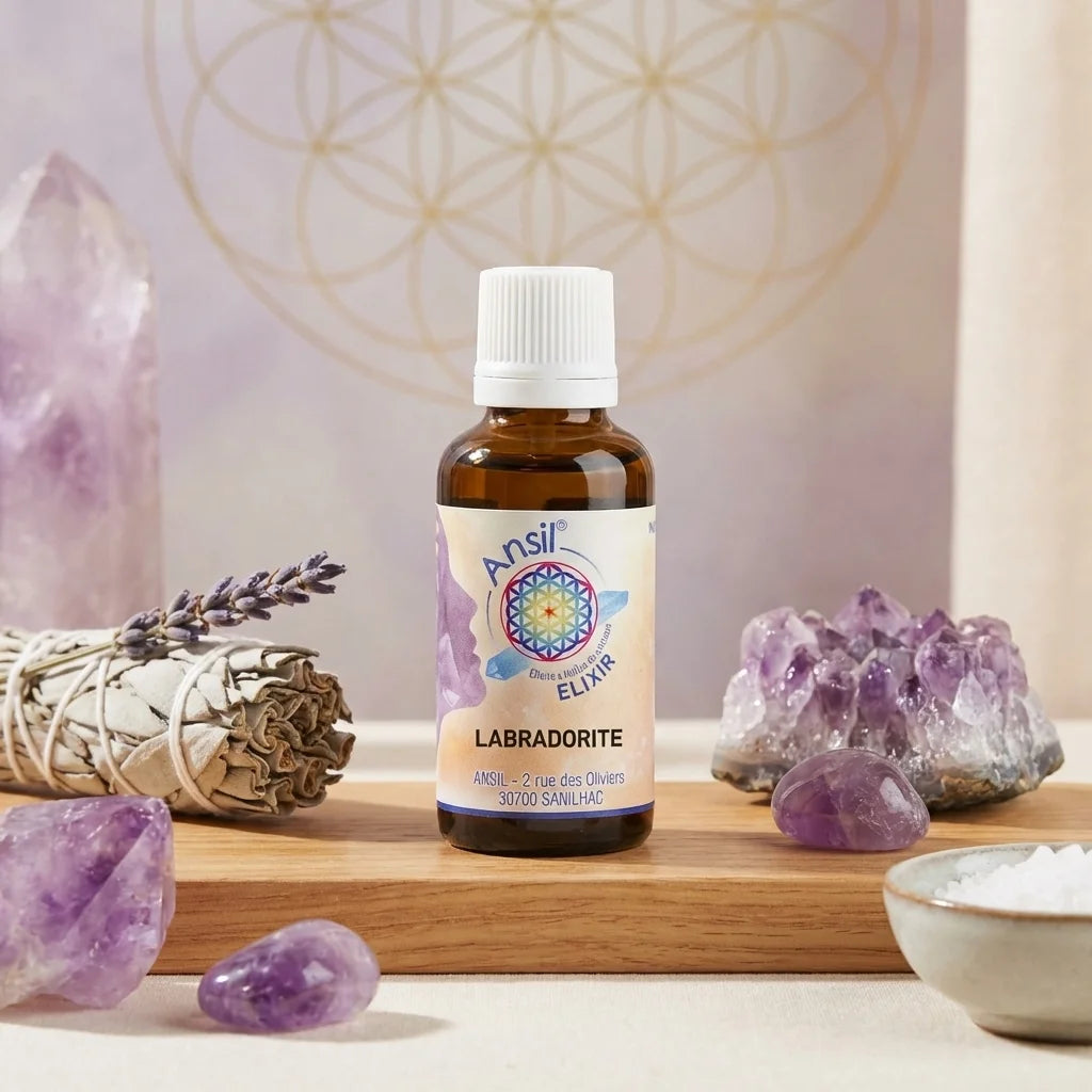 Elixir de Labradorite Ansil 30ml entouré de cristaux d'améthyste et de sauge blanche