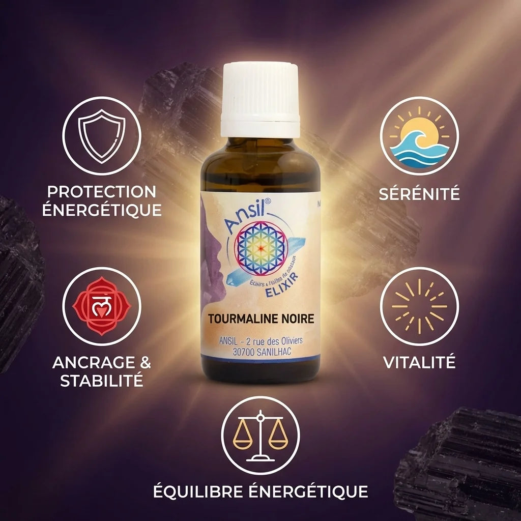Elixir Tourmaline Noire Ansil 30ml avec icônes de protection énergétique et ancrage