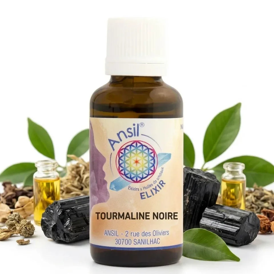 Elixir de Tourmaline Noire Ansil 30ml avec cristaux bruts et ingrédients naturels en studio