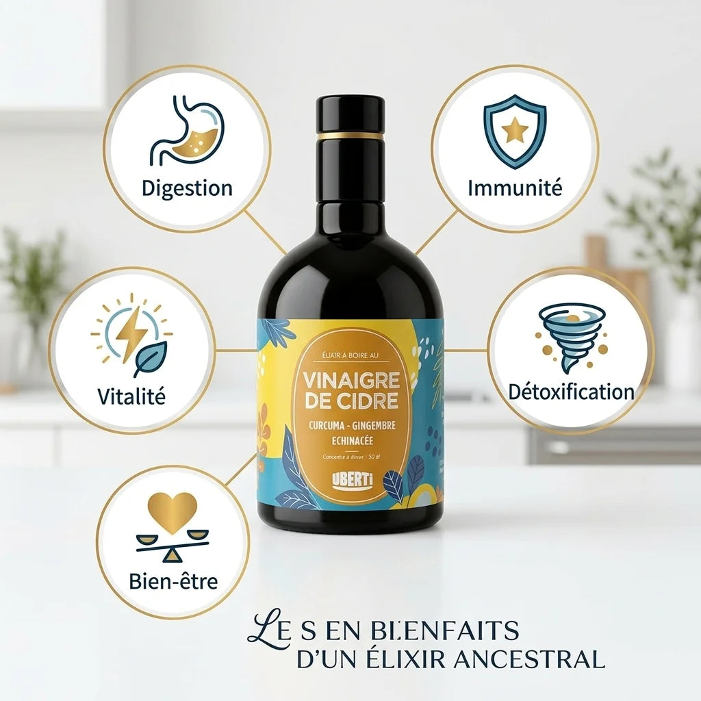 Elixir Detox bio Uberti Curcuma Gingembre Échinacée avec infographie des 5 bénéfices santé