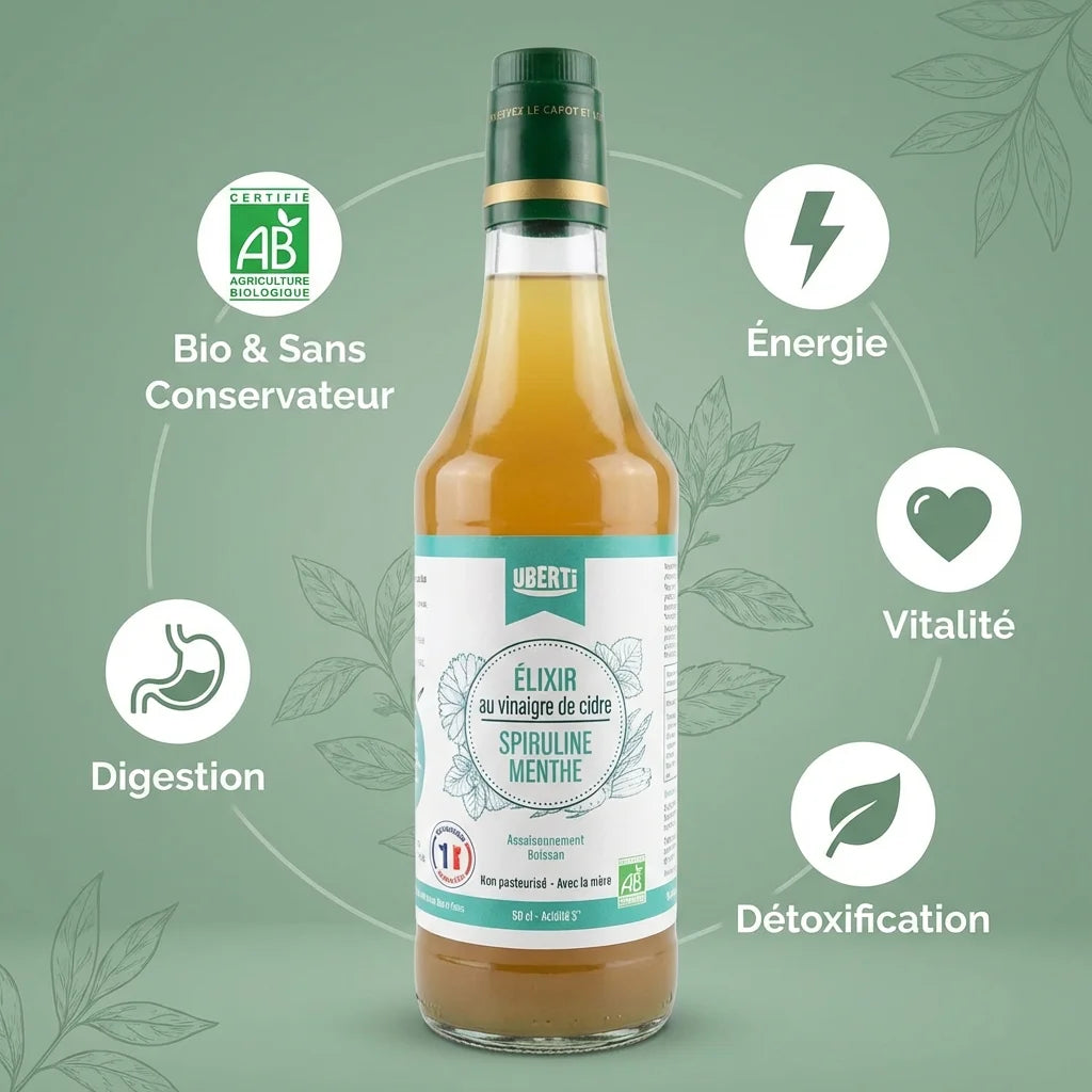 Elixir Detox bio Uberti - Vinaigre de cidre menthe spiruline avec bénéfices santé et certification organique