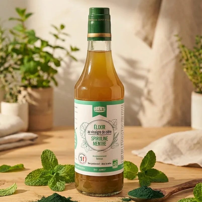 Elixir détox bio Uberti 50cl avec vinaigre de cidre, menthe et spiruline sur fond naturel