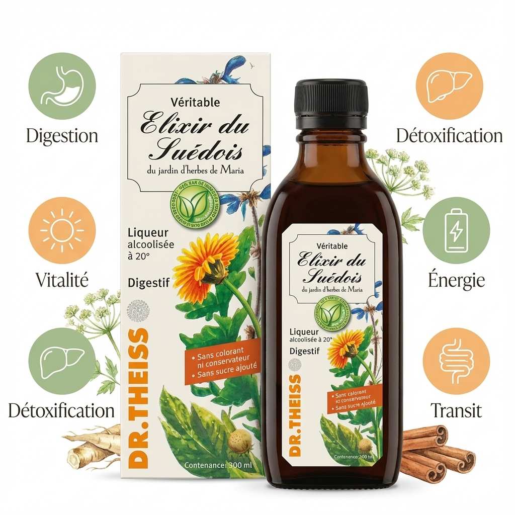 Elixir du Suédois 20° Dr. Theiss avec icônes bénéfices digestion vitalité détoxification