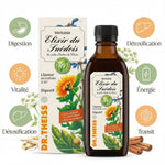 Elixir du Suédois 20° Dr. Theiss avec icônes bénéfices digestion vitalité détoxification