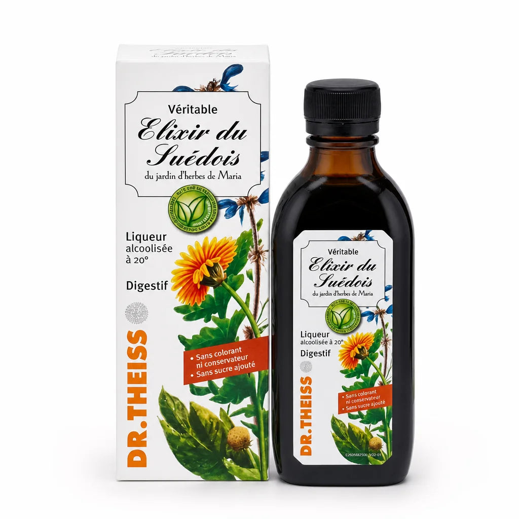 Elixir du Suédois 20° Dr. Theiss en flacon 200ml avec boîte et étiquette baroque aux plantes médicinales
