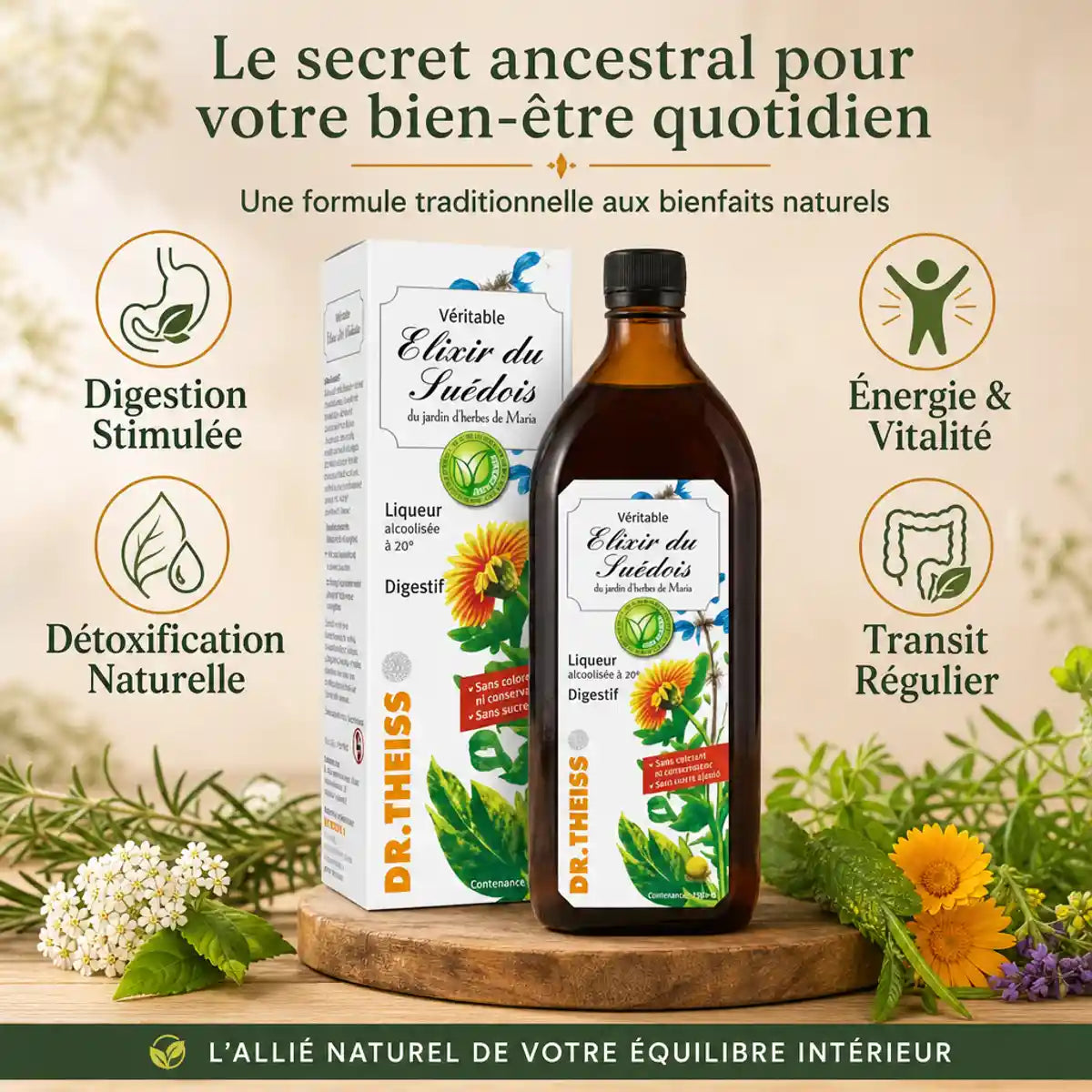 Elixir du Suédois 350ml Dr. Theiss avec bénéfices digestion, détoxification, énergie et transit régulier