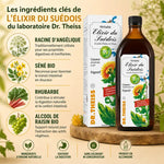 Elixir du Suédois 350ml Dr. Theiss avec ingrédients biologiques : angélique, séné, rhubarbe