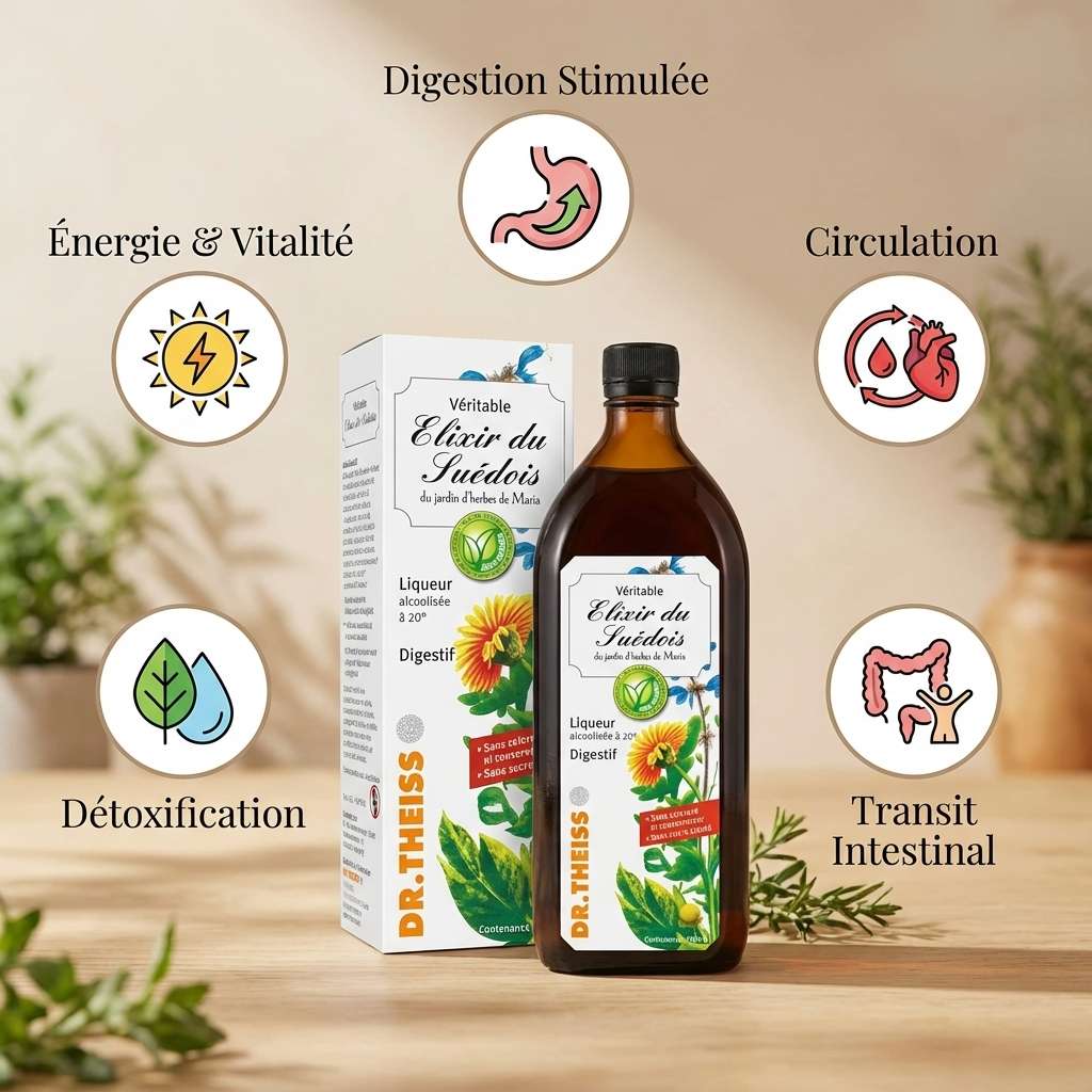 Elixir du Suédois Dr. Theiss avec bénéfices digestion, énergie, circulation et détoxification
