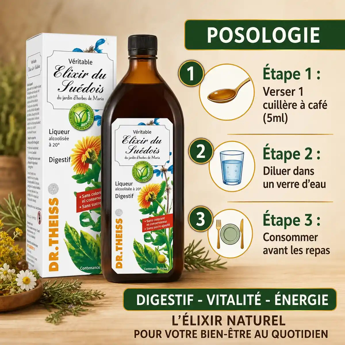 Elixir du Suédois 20° 700ml Dr. Theiss avec guide posologie digestif et vitalité