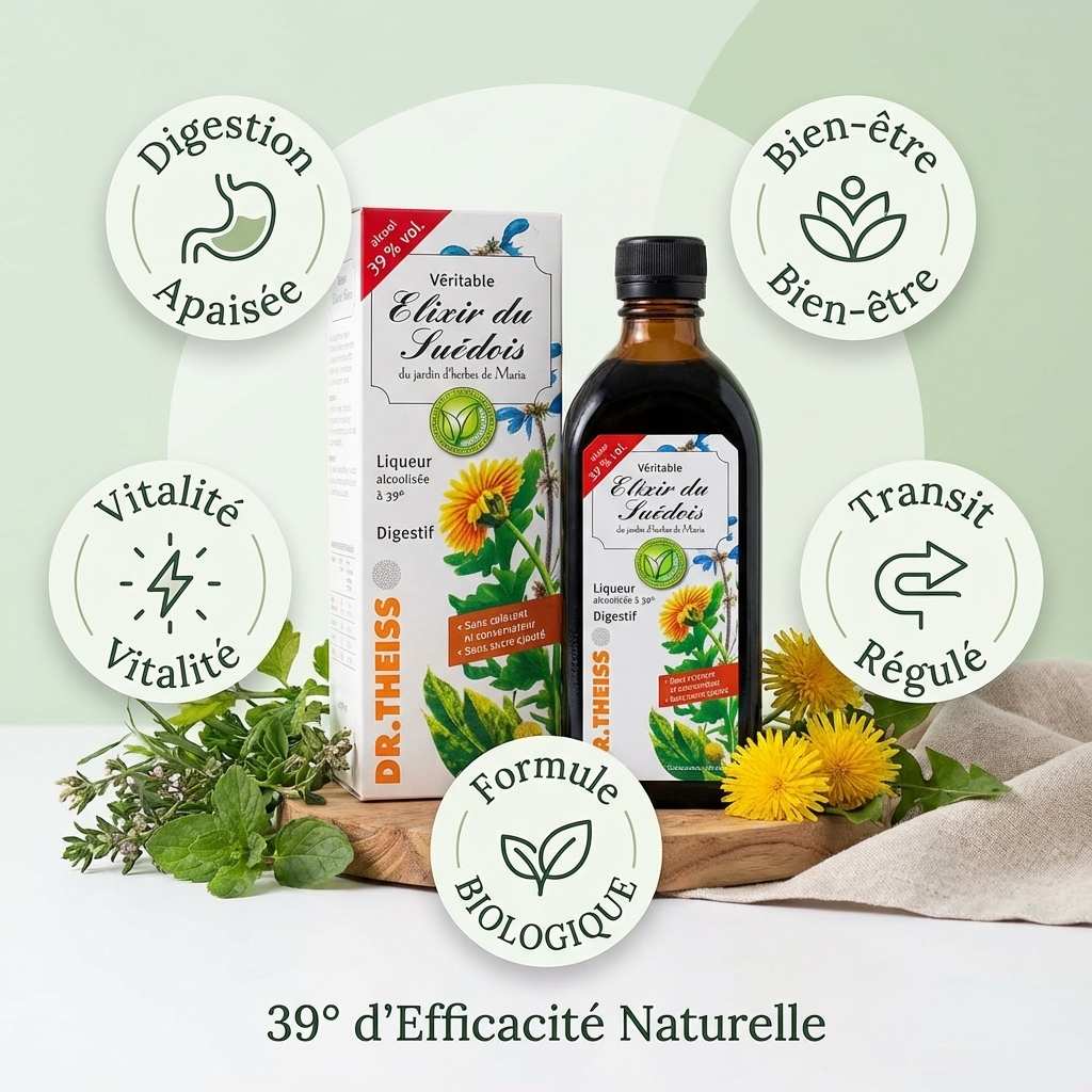 Elixir du Suédois 39° Dr Theiss avec icônes digestion, bien-être et vitalité sur fond blanc naturel