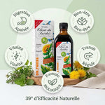 Elixir du Suédois 39° Dr Theiss avec icônes digestion, bien-être et vitalité sur fond blanc naturel