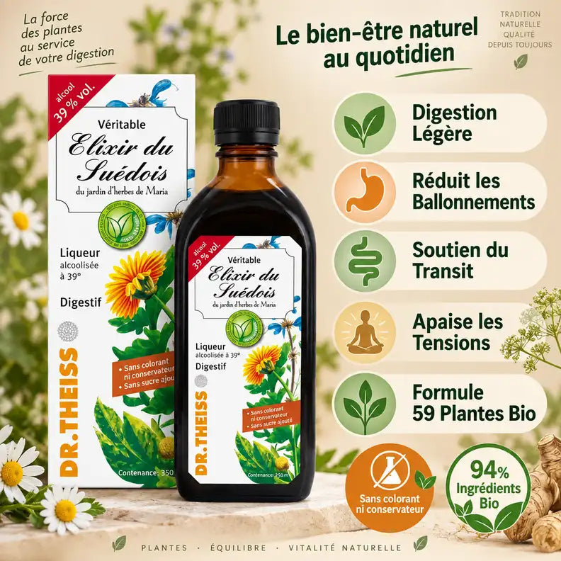 Elixir du Suédois 39° Dr Theiss 350ml avec ses 5 bénéfices digestifs et formule 59 plantes bio