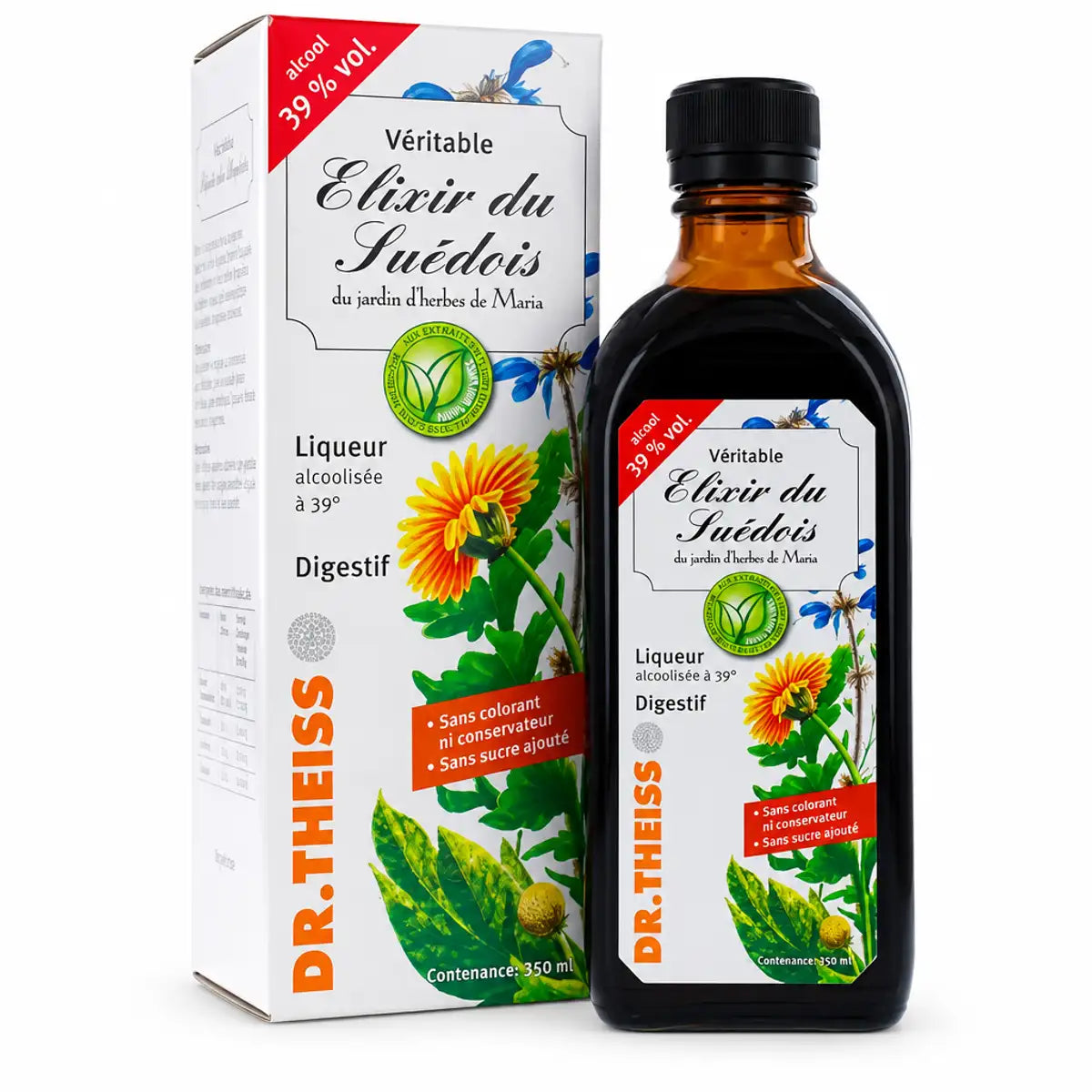Elixir du Suédois 39° Dr Theiss 350ml bouteille en verre ambré avec étiquette blanche et boîte