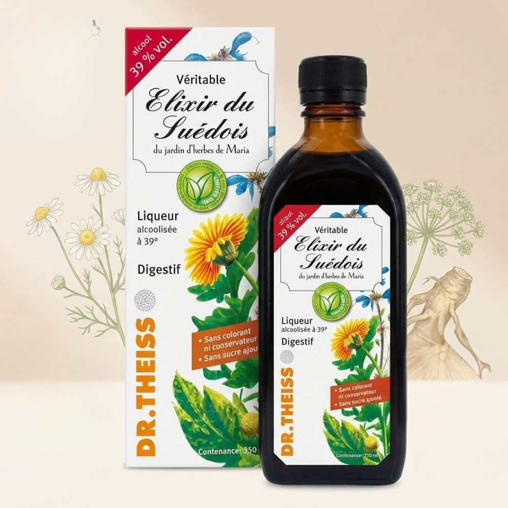 Flacon de 350 ml d'élixir du suédois à 39° de la marque Dr. Theiss