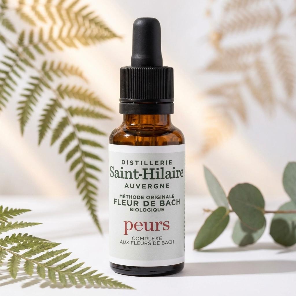 Élixir Fleur de Bach Bio Peurs 20ml Saint-Hilaire en bouteille sur fond blanc serein