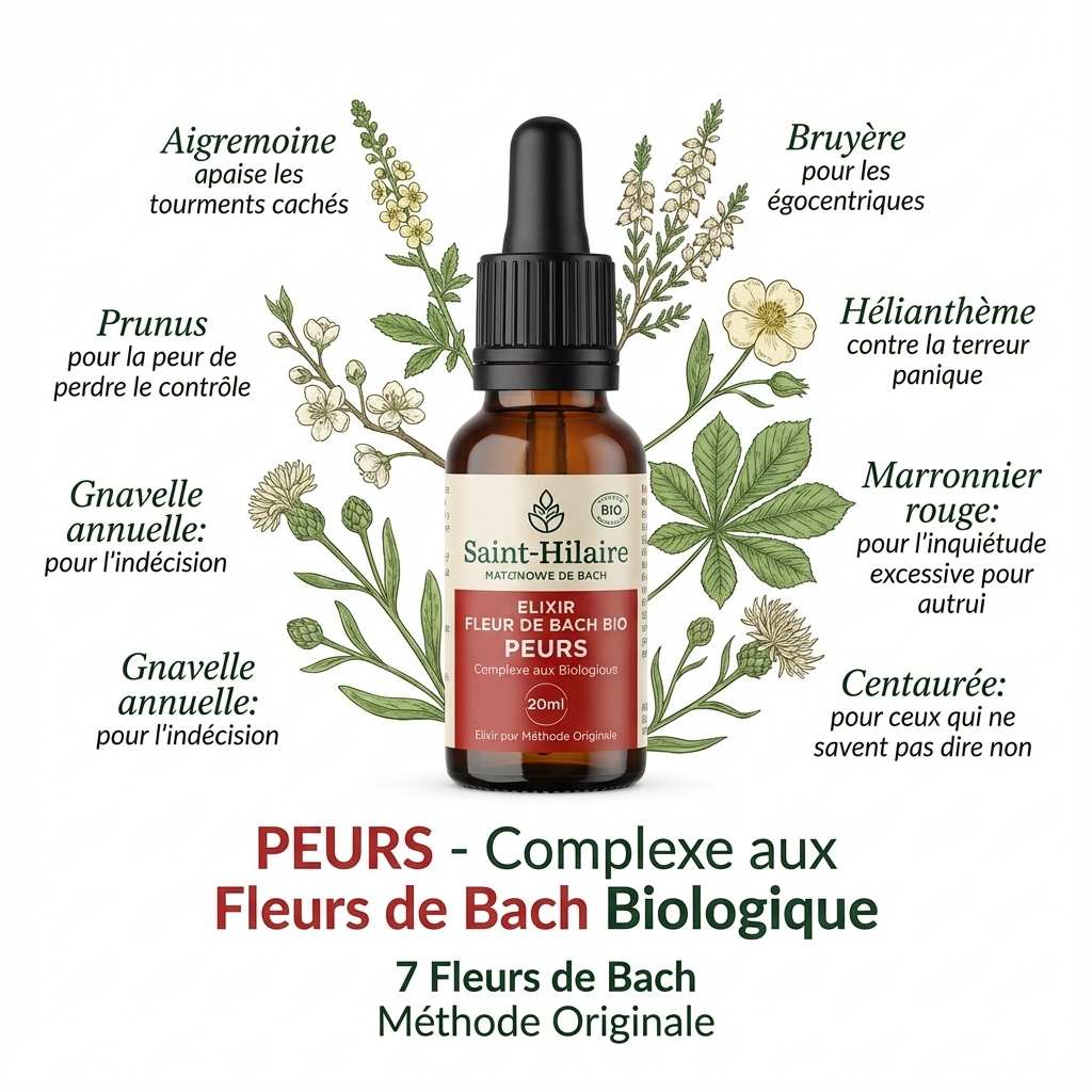 Elixir Fleurs de Bach Bio Peurs 20ml Saint-Hilaire avec ingrédients botaniques et flacon ambre