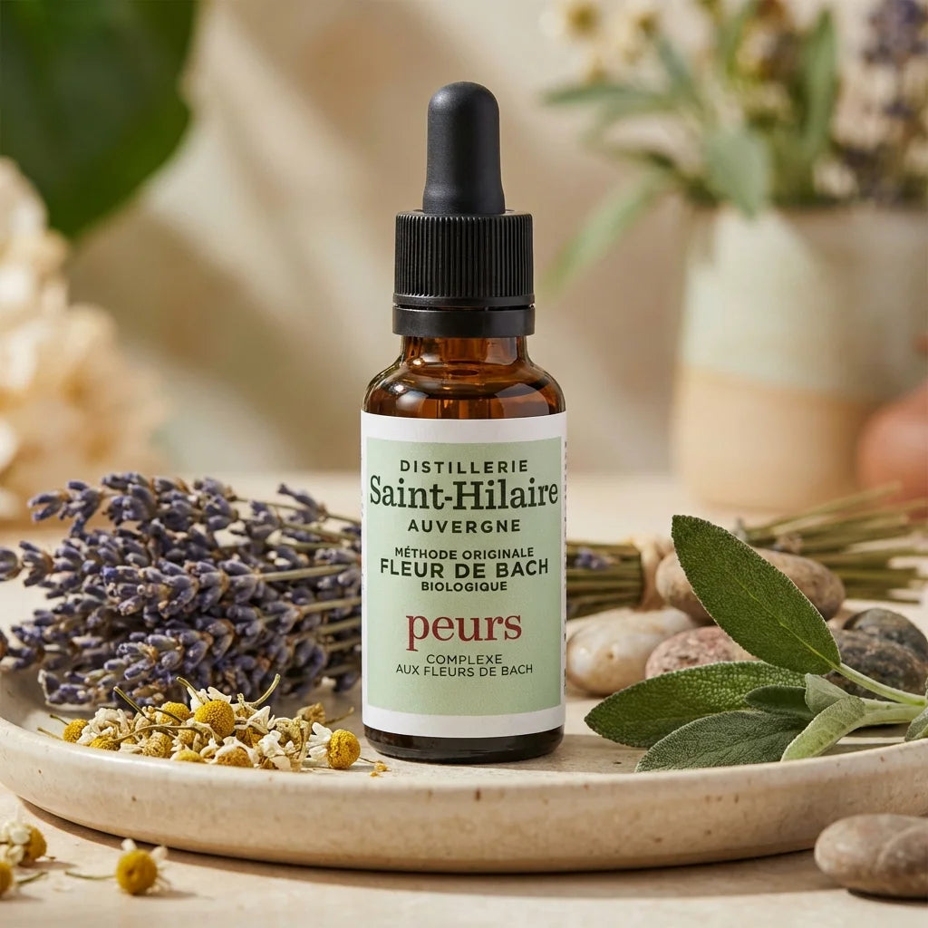 Elixir Fleur de Bach Peurs Saint-Hilaire 20ml sur surface wellness avec éléments botaniques naturels