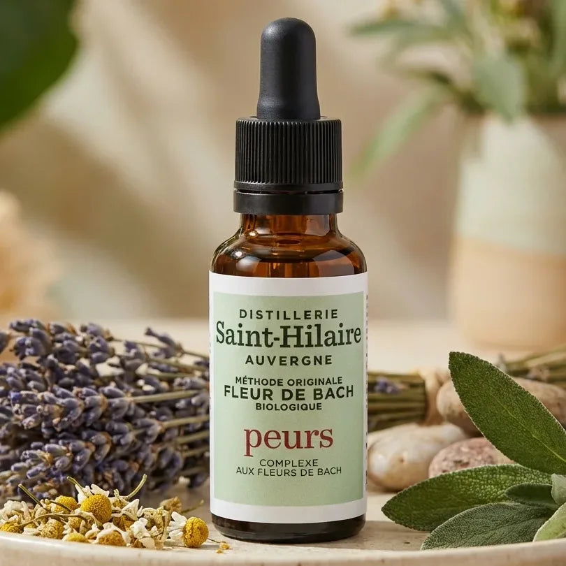 Elixir Fleur de Bach Peurs Saint-Hilaire 20ml sur surface wellness avec éléments botaniques naturels