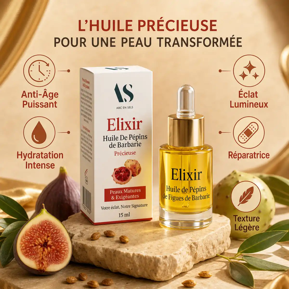 Elixir huile de pépins de figues de Barbarie bio 15ml Arc en Sels avec bénéfices anti-âge et hydratation