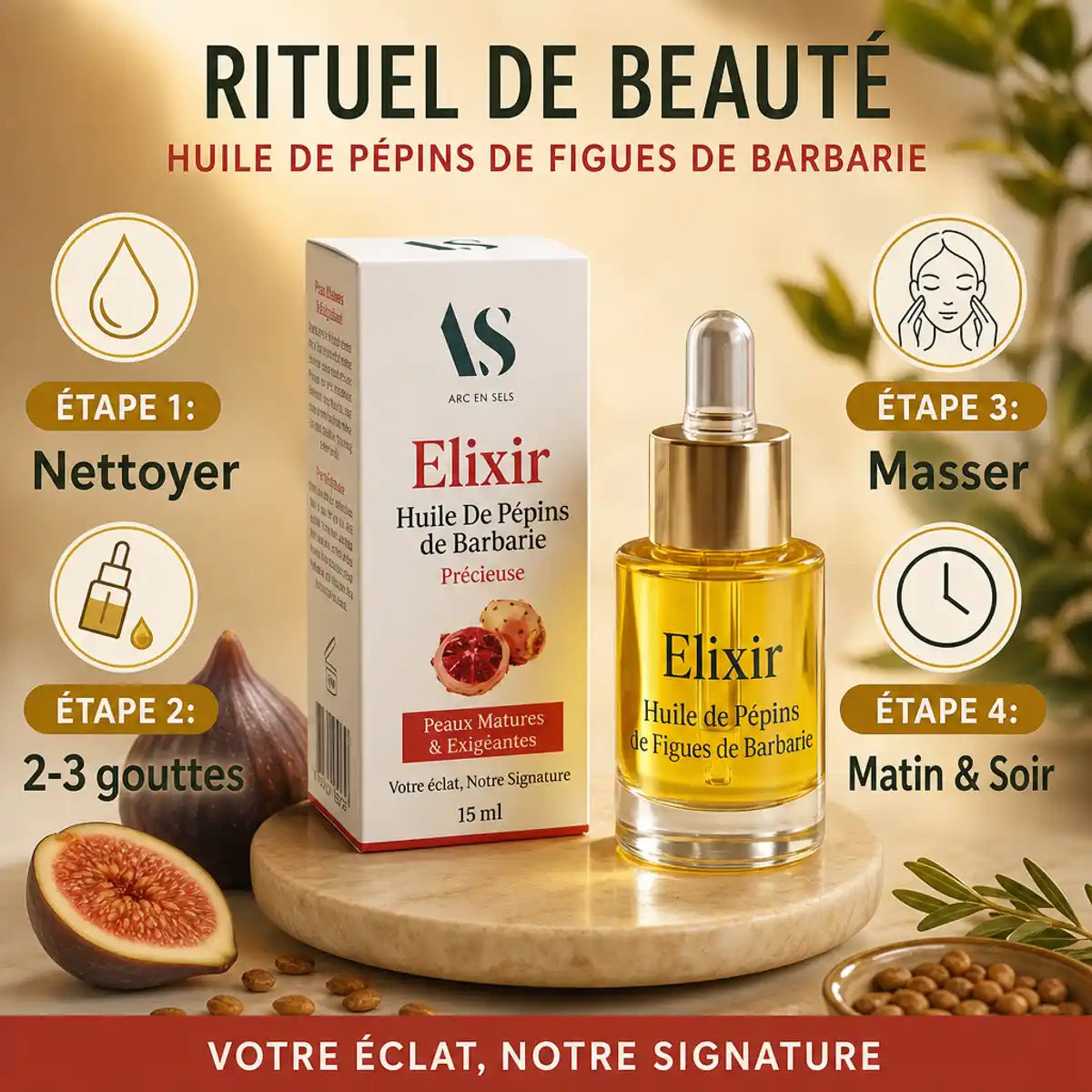 Huile de pépins de figues de barbarie Bio Arc en Sels 15ml avec guide d'utilisation en 4 étapes