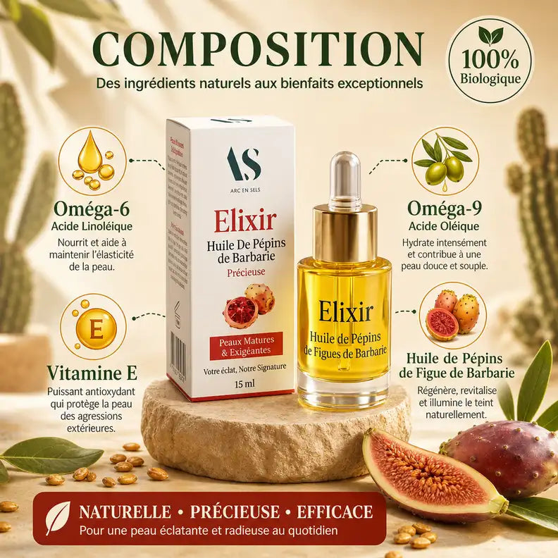 Huile de pépins de figues de barbarie bio Arc en Sels 15ml avec composition oméga-6 et vitamine E