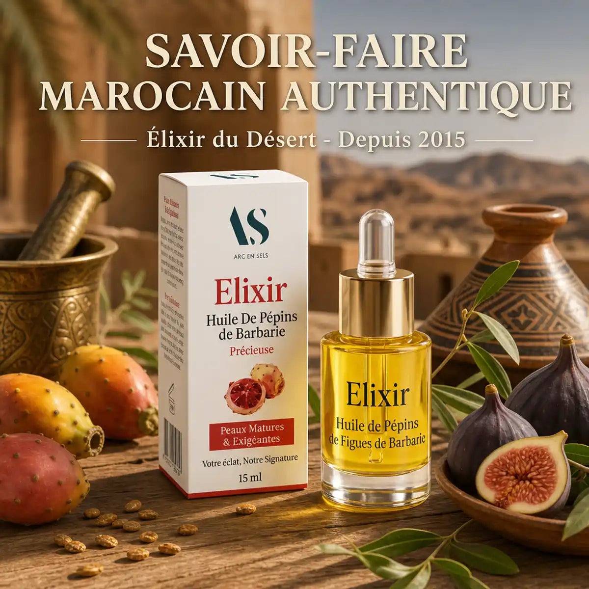 Elixir huile de pépins de figues de barbarie bio Arc en Sels 15ml packaging luxe marocain