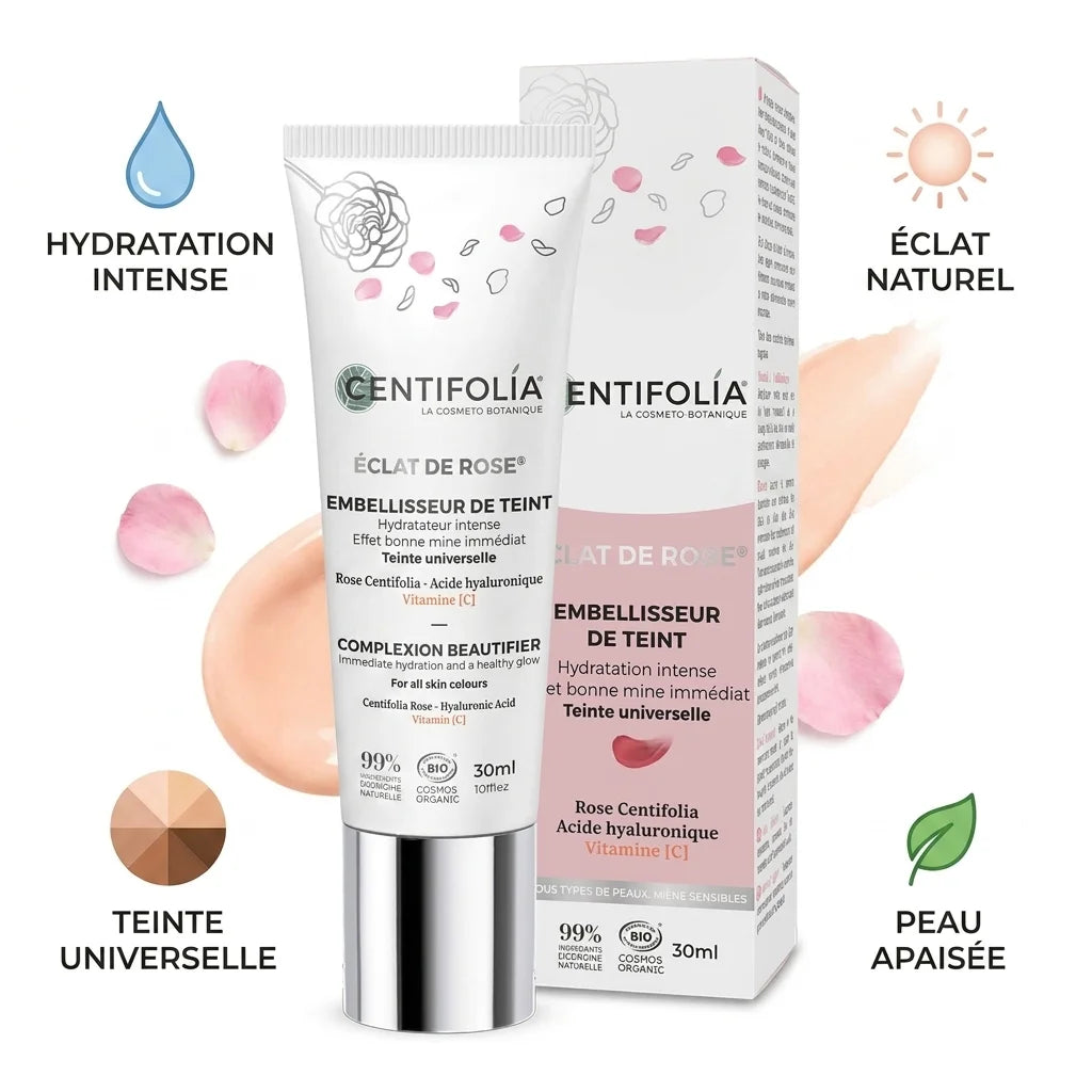 Embellisseur de Teint Éclat de Rose Bio Centifolia 30ml avec bénéfices hydratation et éclat naturel