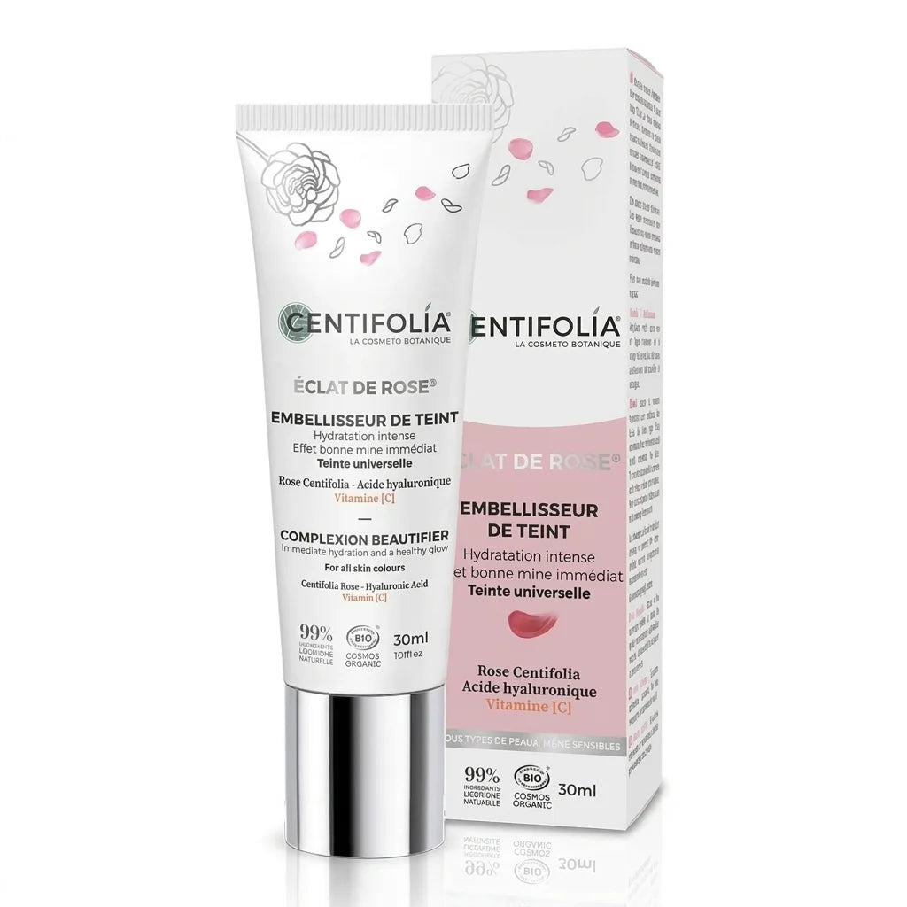 Embellisseur de teint Éclat de Rose Bio Centifolia 30ml avec pompe, fond blanc